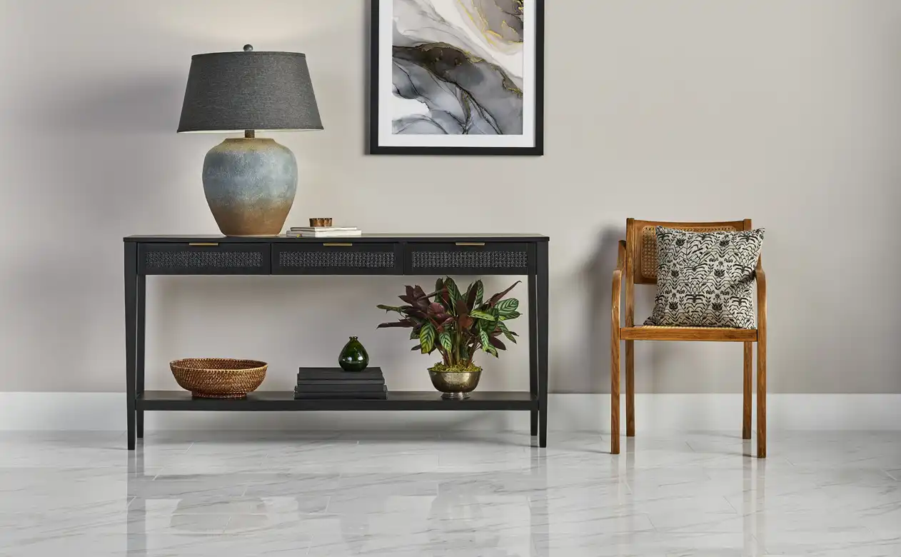 White marble tile glossy floor interior design 