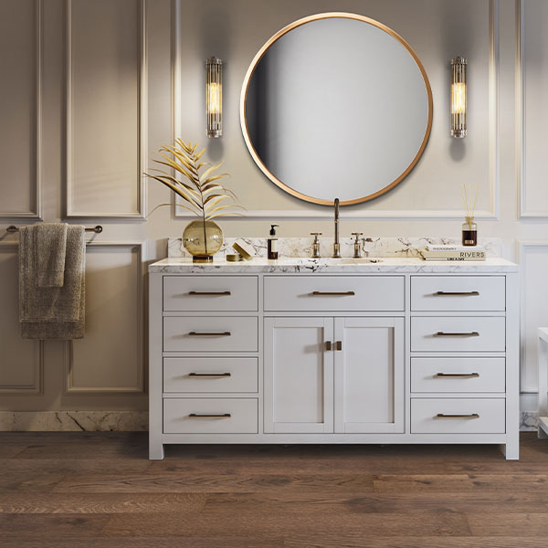 hardwood flooring in bathroom with gold hardware